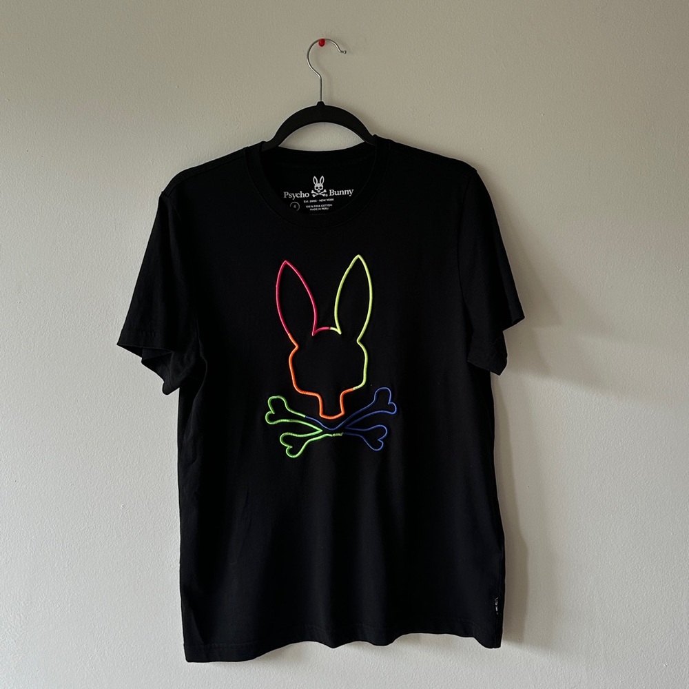 Psycho Bunny Black Tee with Neon Skull Design. Size 4 excellent condition